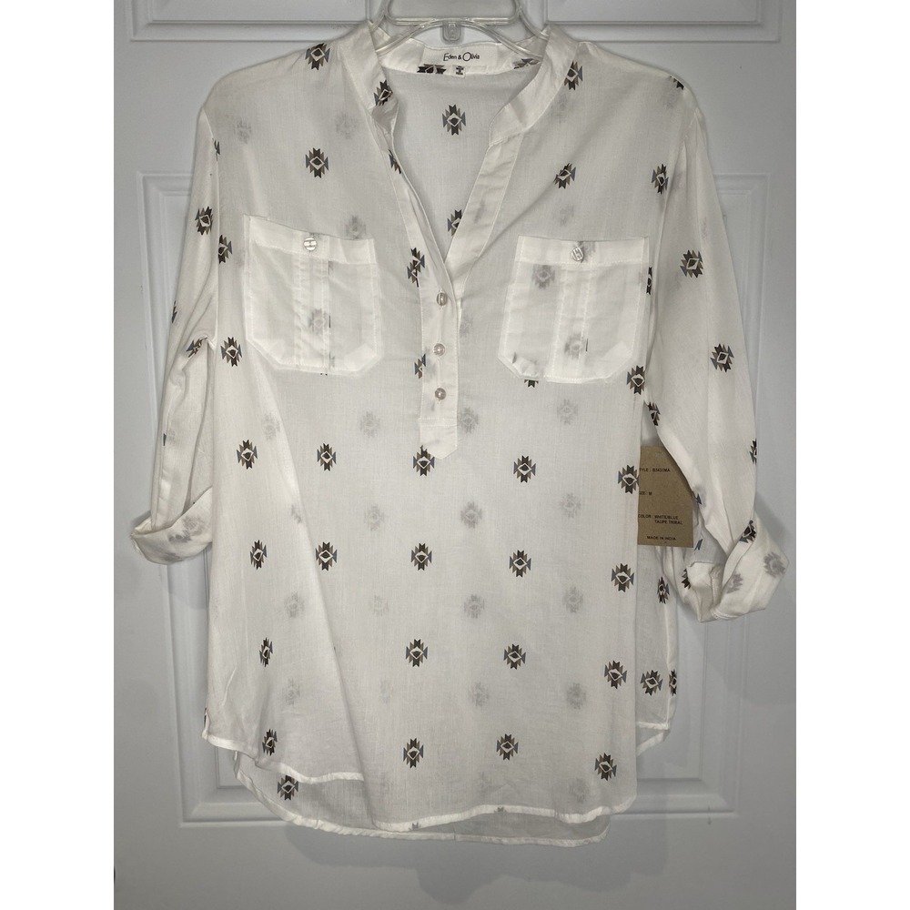 Eden & Olivia Women's Medium Blouse White Blue Taupe Tribal 3/4 Roll Tab Sleeves